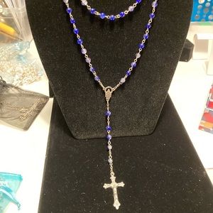 Crystal bead Rosary in deep periwinkle blue and clear Miraculous medal 5 decades
